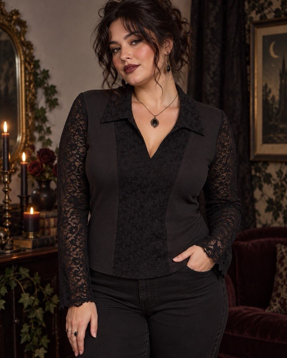Whimsigoth Womens Top XL Lace Sheer Witchy Fairy Grunge Feminine Dark Romantic